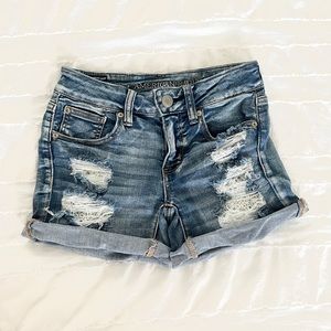 American Eagle 2 Midi Distressed Lace Crochet Pocket Denim Jean Women Shorts